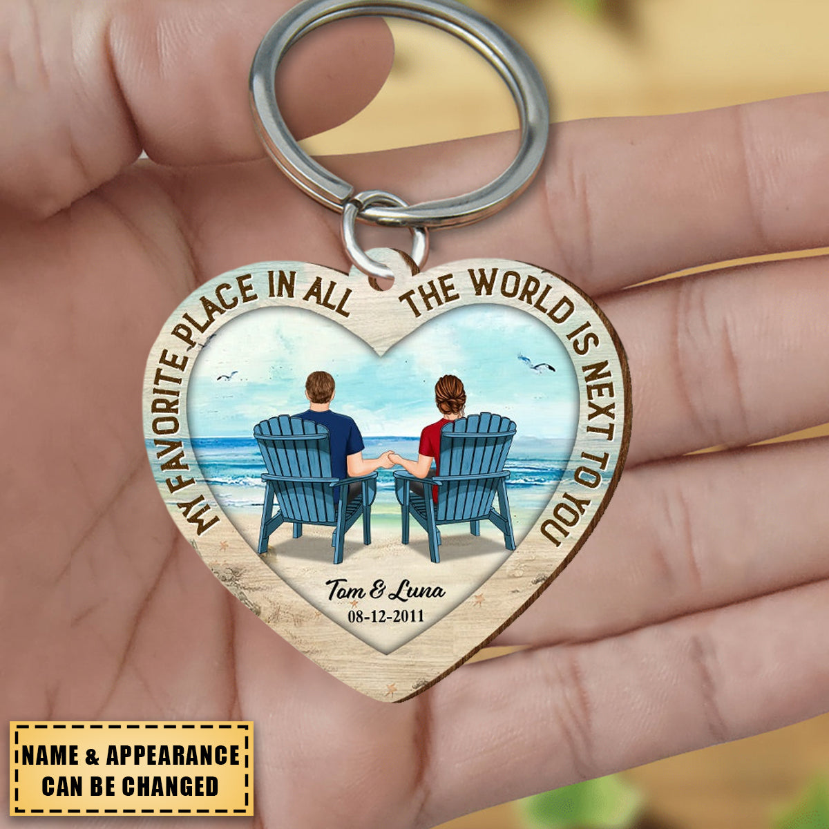 Back View Couple Sitting Beach Landscape Personalized Wooden Keychain