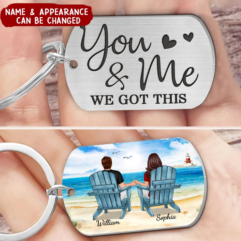 Back View Couple Sitting Beach Landscape Personalized Metal Keychain